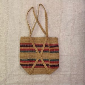 woven straw tote, striped boho shoulder bag, 24" vintage purse, tan, multi color